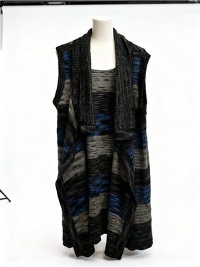 Cato Striped Knit Sleeveless Cardigan Vest in Black, Gray & Blue